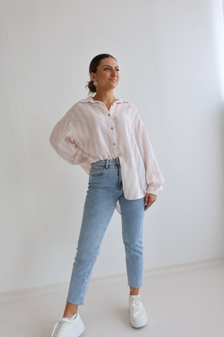 Kurzes Blusenhemd aus Musselin Blockstripes (Pastell)
