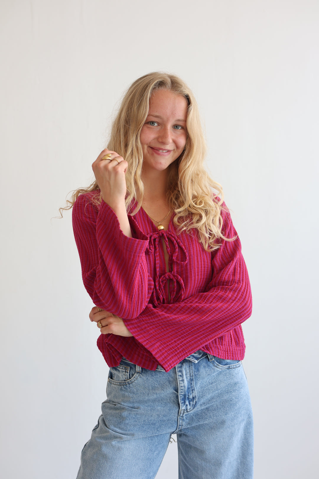 Cotton Striped Tie-Front Blouse