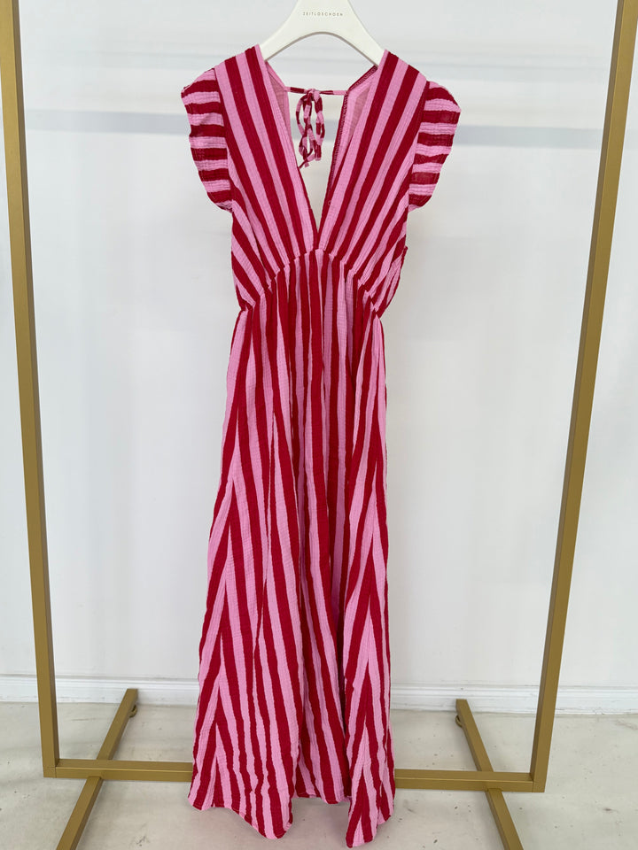 LANGES MUSSELINKLEID BLOCKSTRIPES CHERRY PINK (B-WARE)