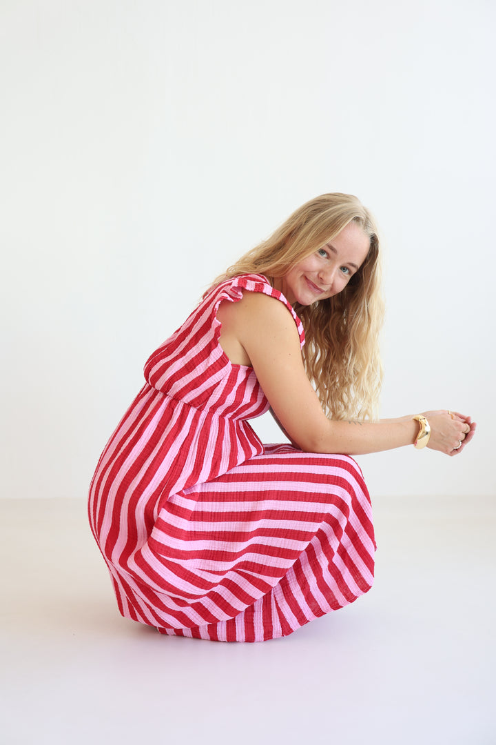 Langes Musselinkleid Blockstripes