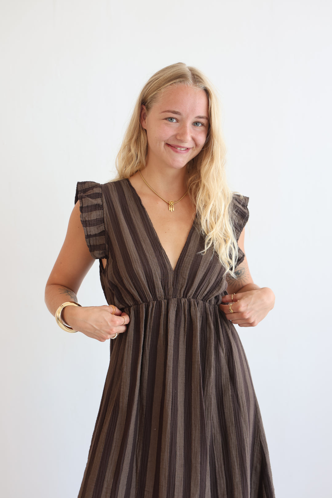 Langes Musselinkleid Blockstripes