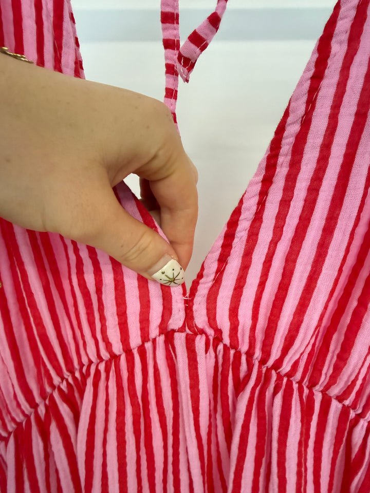 3/4 ARM MUSSELINKLEID SUMMER STRIPED CHERRY PINK (B-WARE)