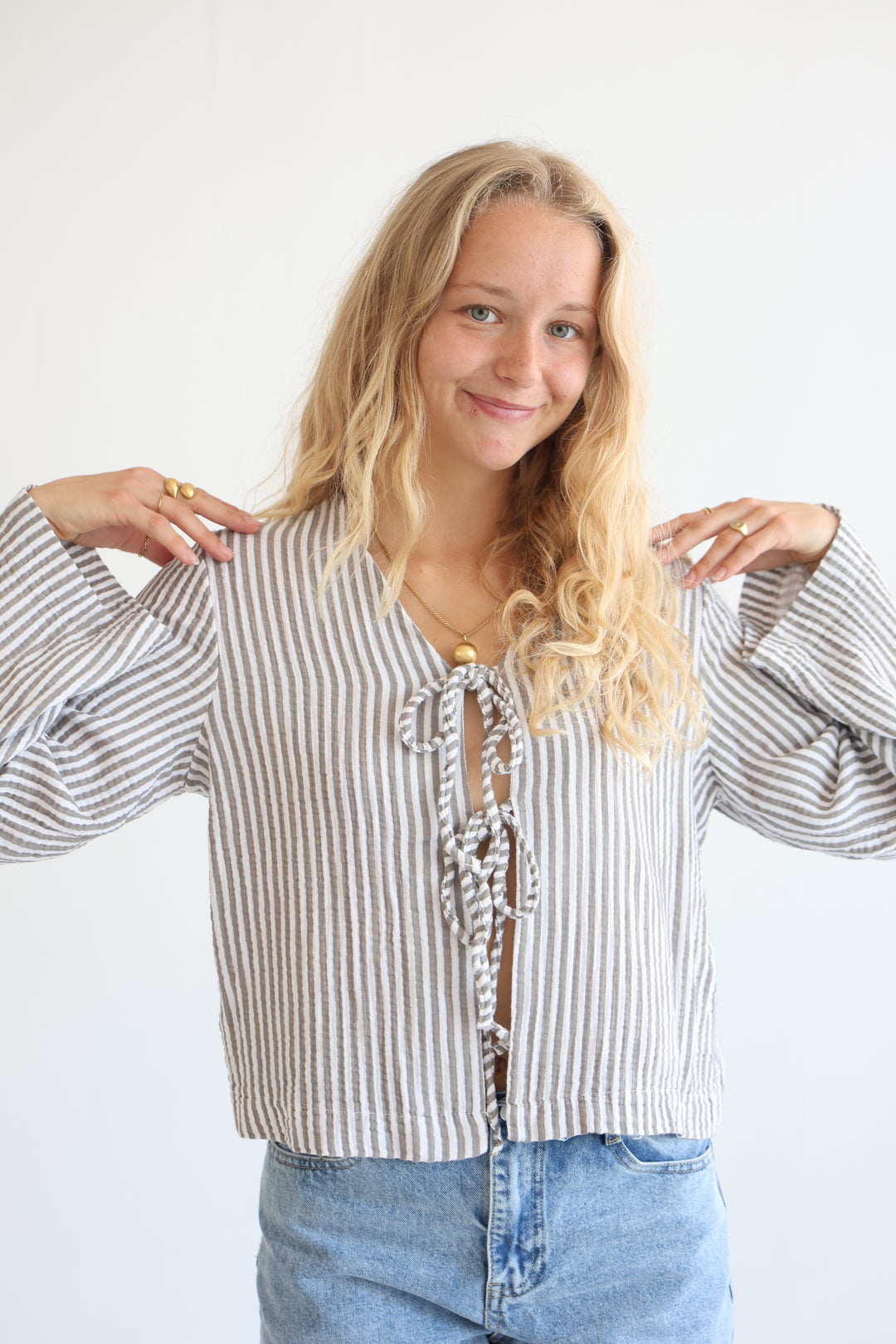 Cotton Striped Tie-Front Blouse