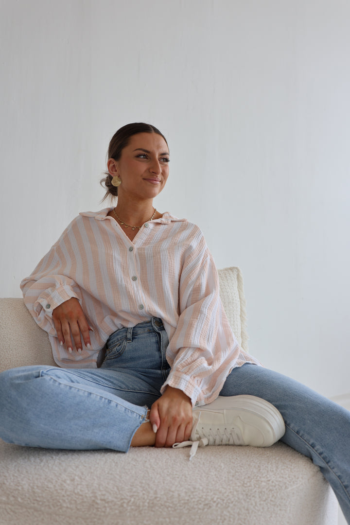 Kurzes Blusenhemd aus Musselin Blockstripes (Pastell)