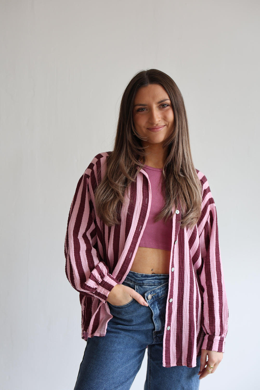 Kurzes Blusenhemd aus Musselin Blockstripes