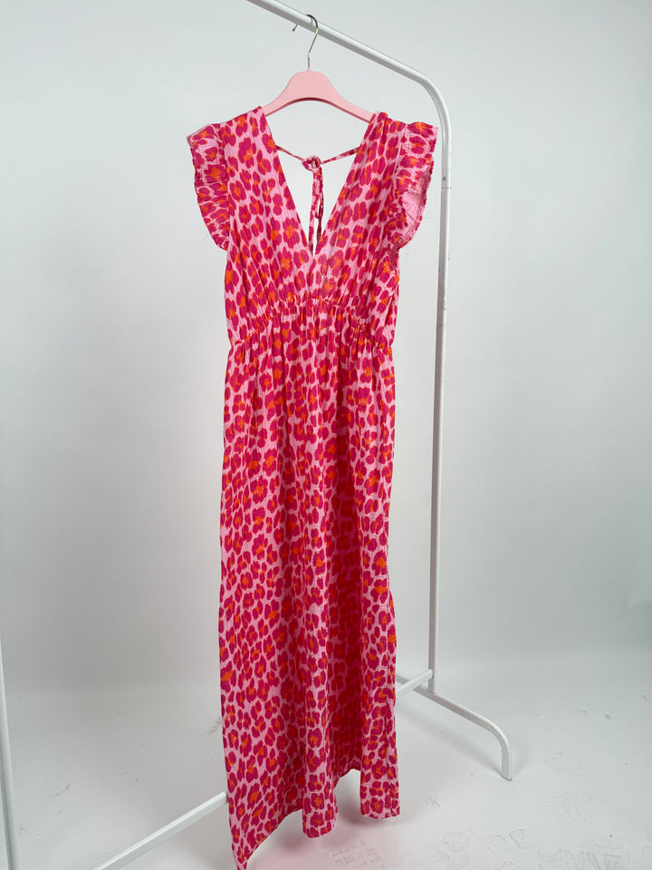 LANGES MUSSELINKLEID MIT RÜSCHEN LEOLOVE PINK(B-WARE)