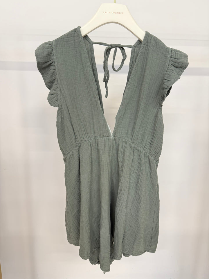 MUSSELIN-JUMPSUIT MIT RÜSCHEN KHAKI (B-WARE)