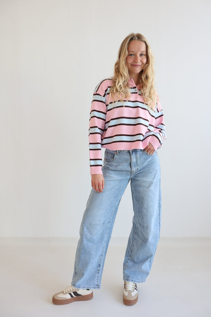 Soft Pink Striped Long Polo