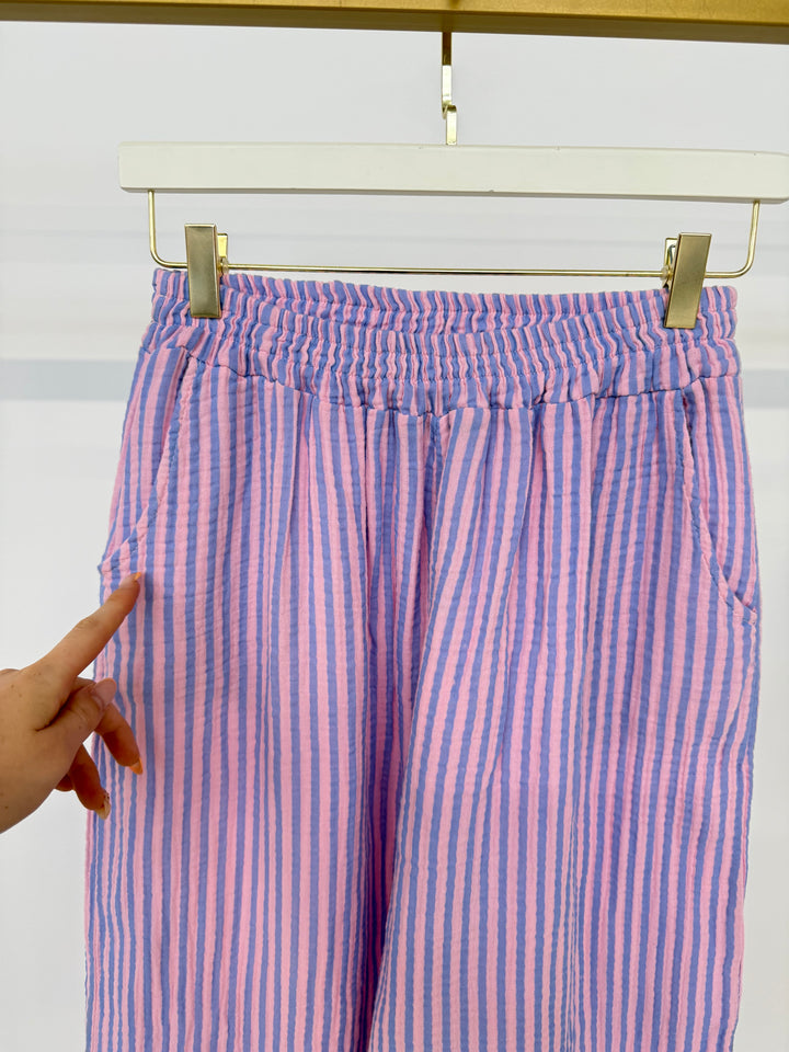 Lange MUSSELINHOSE MIT STREIFEN BLAU-ROSA (B-WARE)