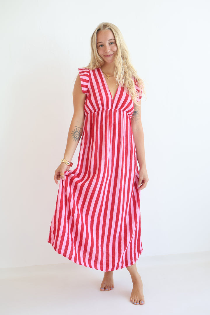 Langes Musselinkleid Blockstripes