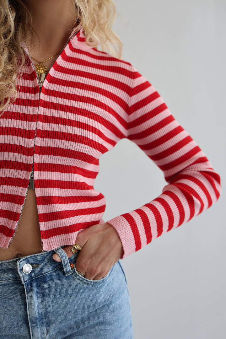 Ripped Stripe Zip-Up Cardigan