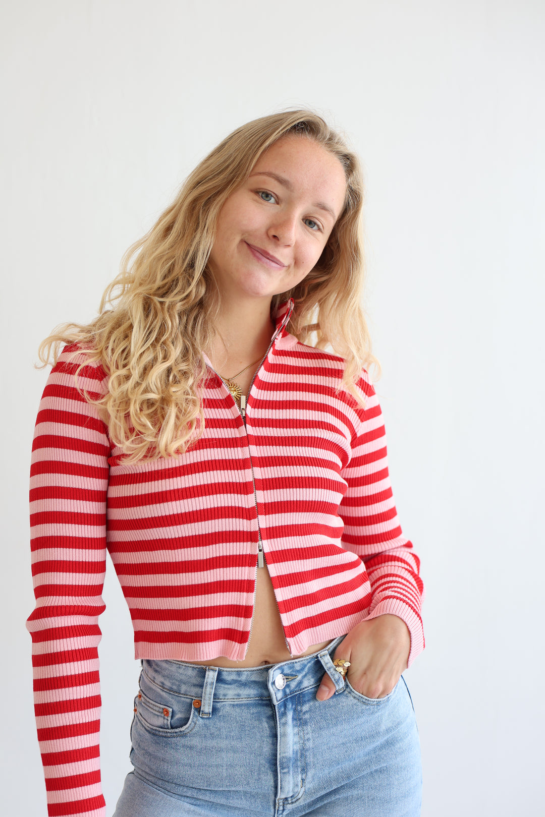 Ripped Stripe Zip-Up Cardigan