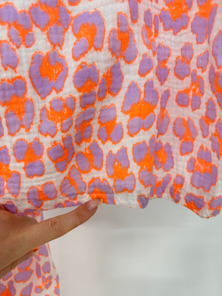 LANGE MUSSELINHOSE MIT LEOPRINT ORANGE LILA (B-WARE)