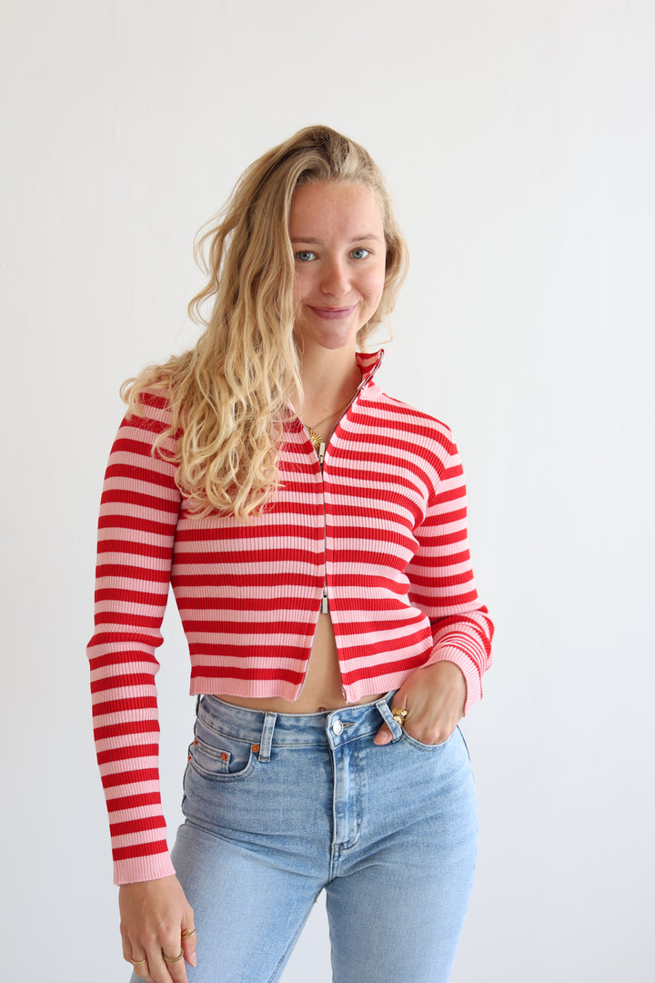 Ripped Stripe Zip-Up Cardigan