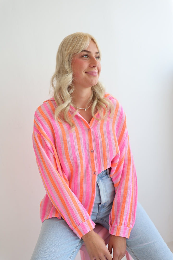 Kurzes Blusenhemd aus Musselin Neon Stripes