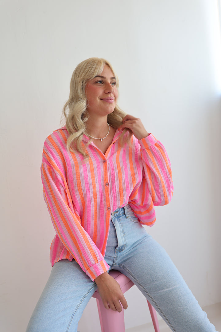 Kurzes Blusenhemd aus Musselin Neon Stripes