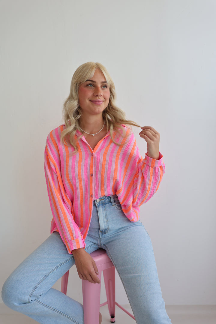 Kurzes Blusenhemd aus Musselin Neon Stripes