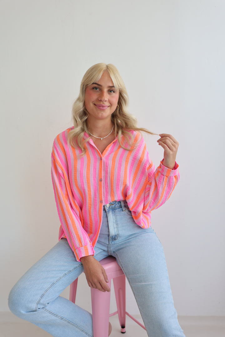 Kurzes Blusenhemd aus Musselin Neon Stripes
