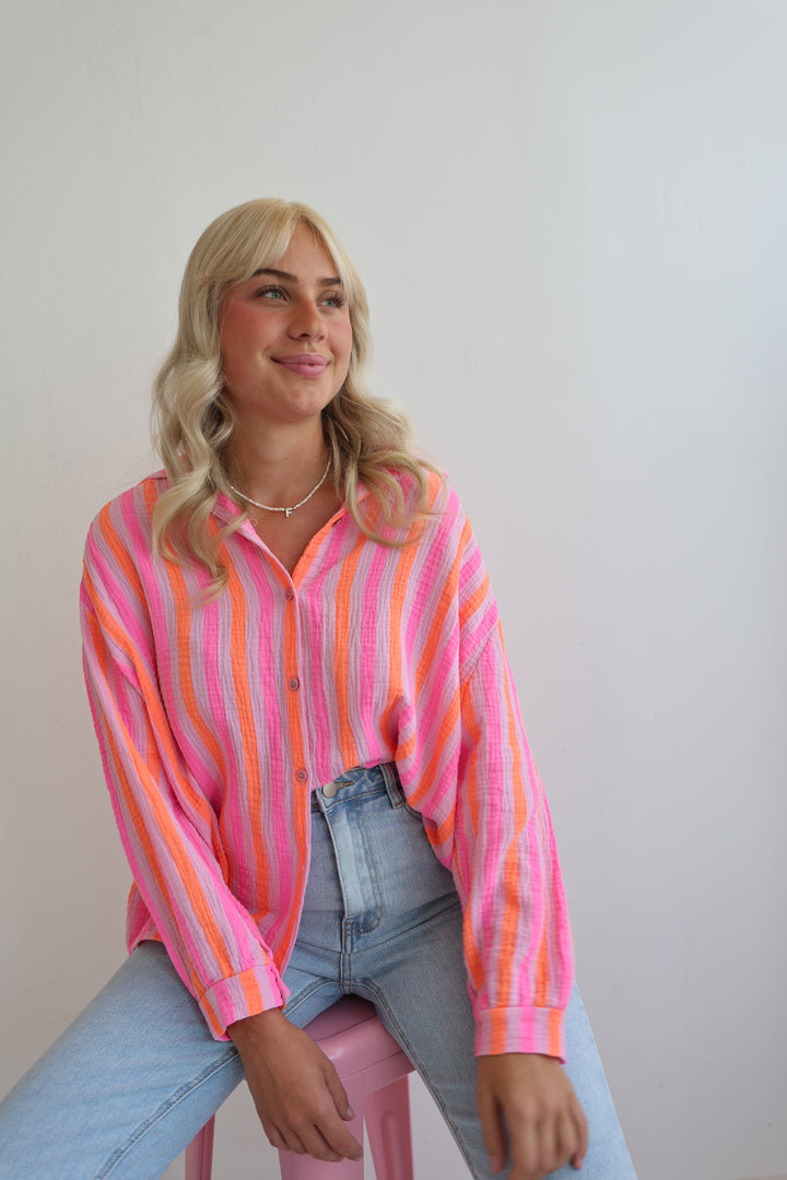 Kurzes Blusenhemd aus Musselin Neon Stripes