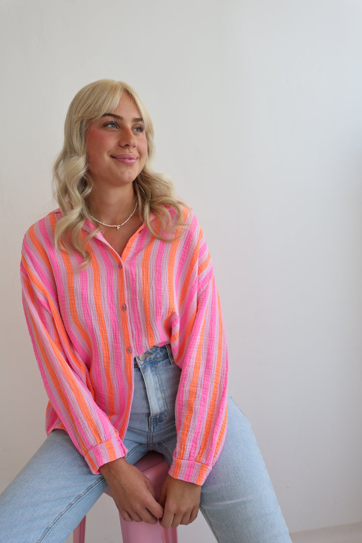 Kurzes Blusenhemd aus Musselin Neon Stripes