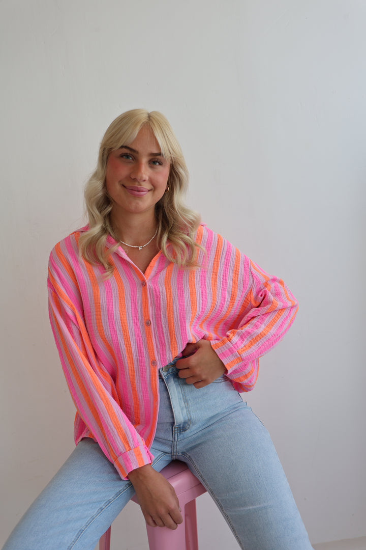 Kurzes Blusenhemd aus Musselin Neon Stripes
