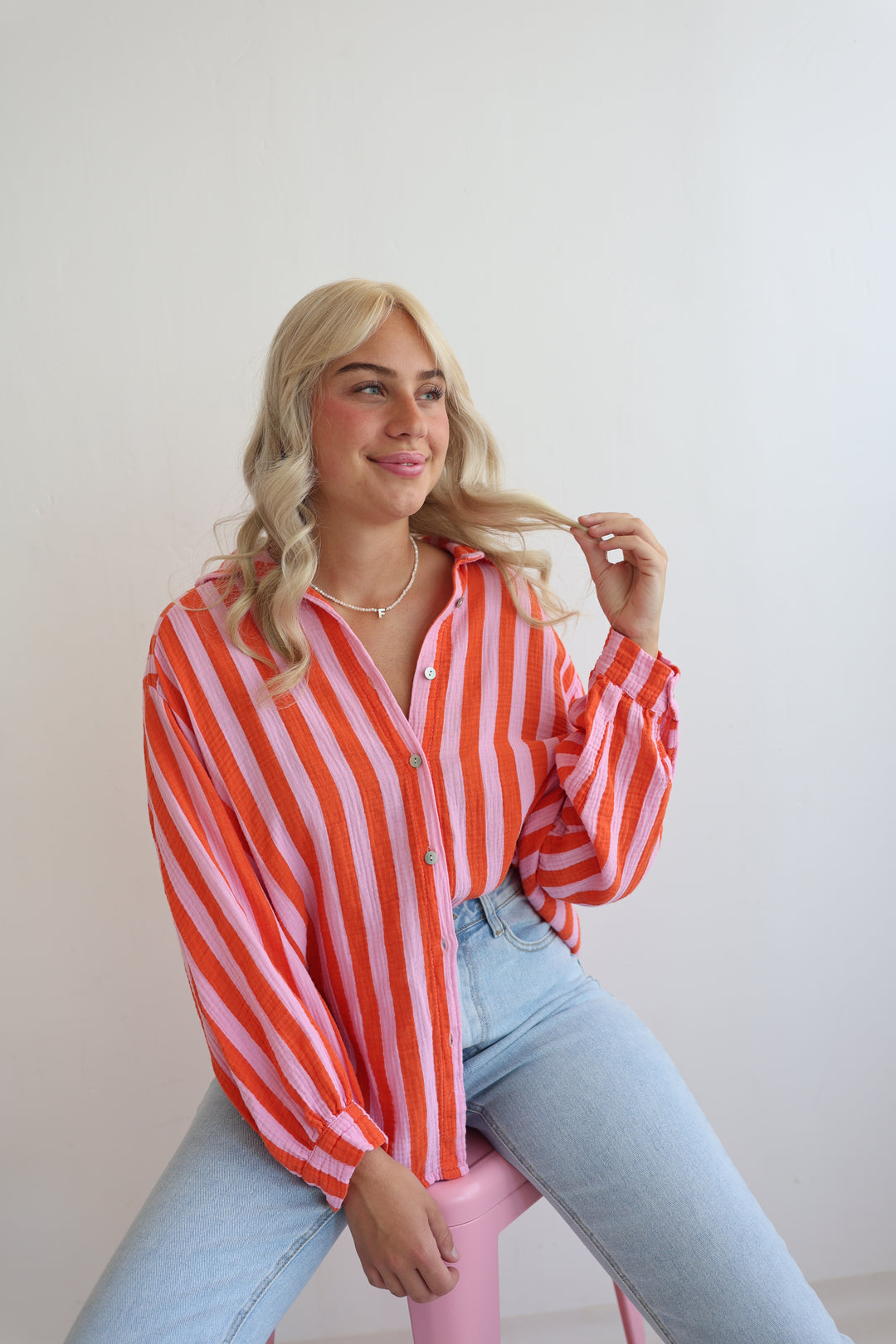 Kurzes Blusenhemd aus Musselin Blockstripes